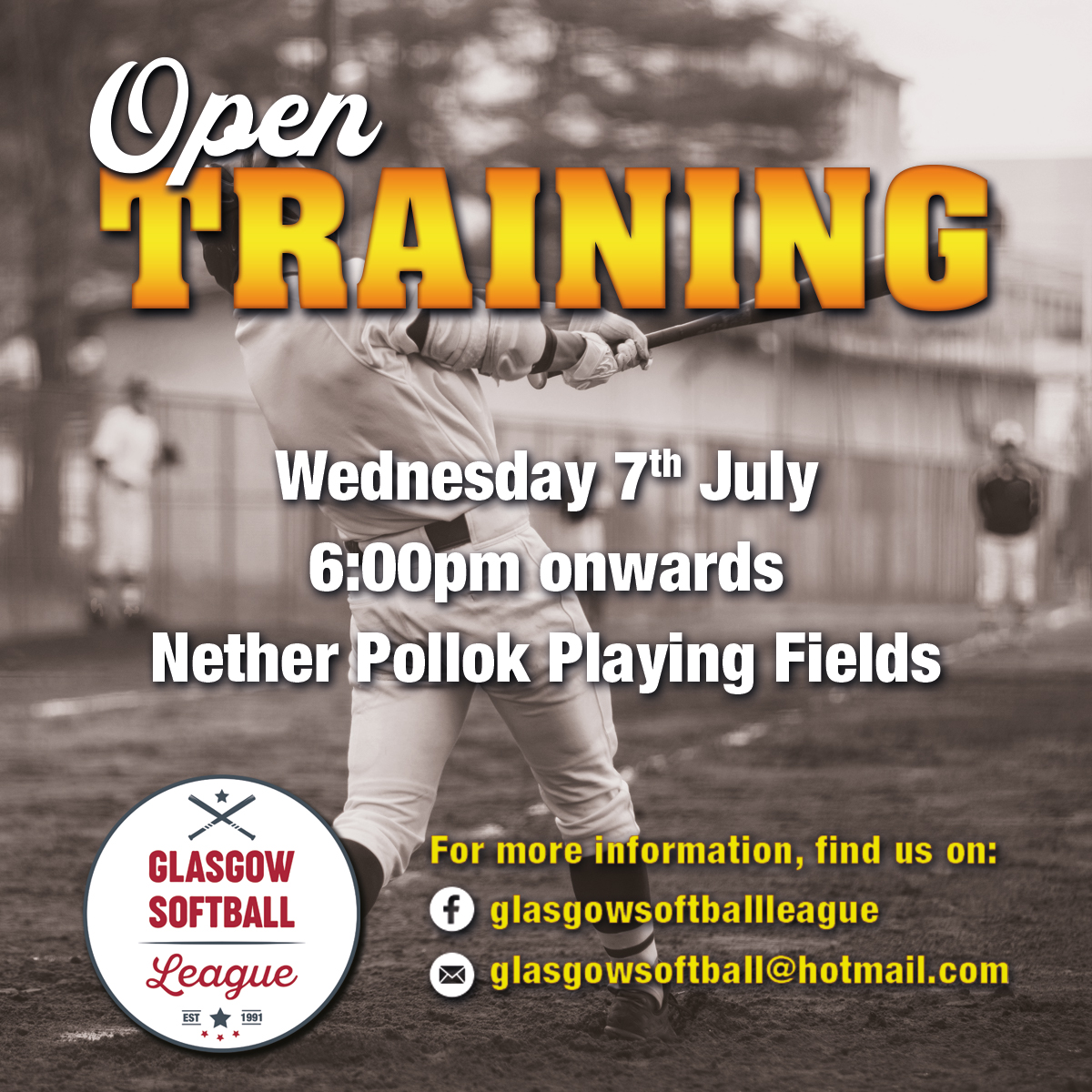 Open training wednesday 7th july 6:00pm onwards at Nether Pollock Playing fields.